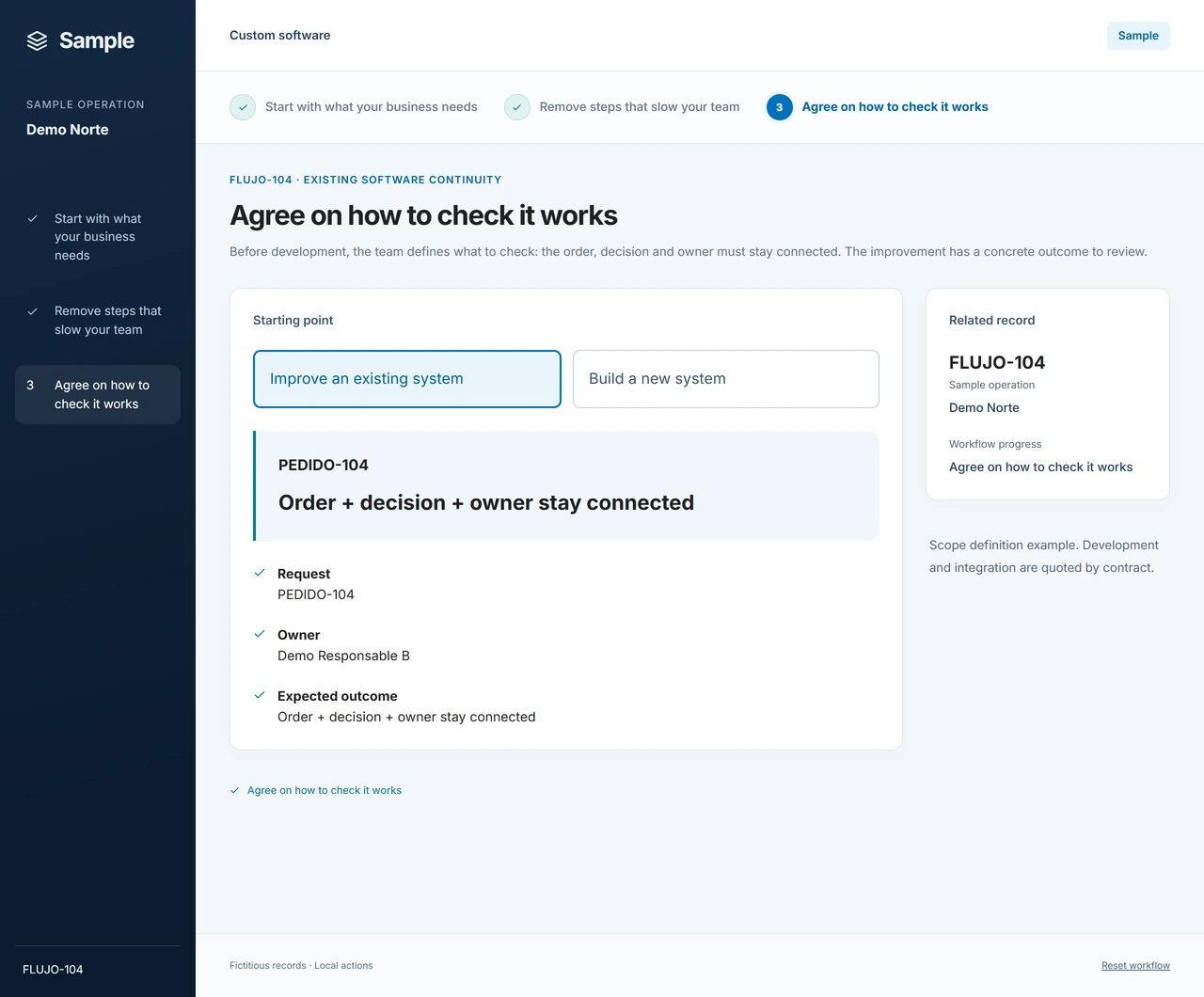 Sample: Agree how to check the improvement. The acceptance checklist states what the team should be able to do when the work is delivered, before considering it complete.