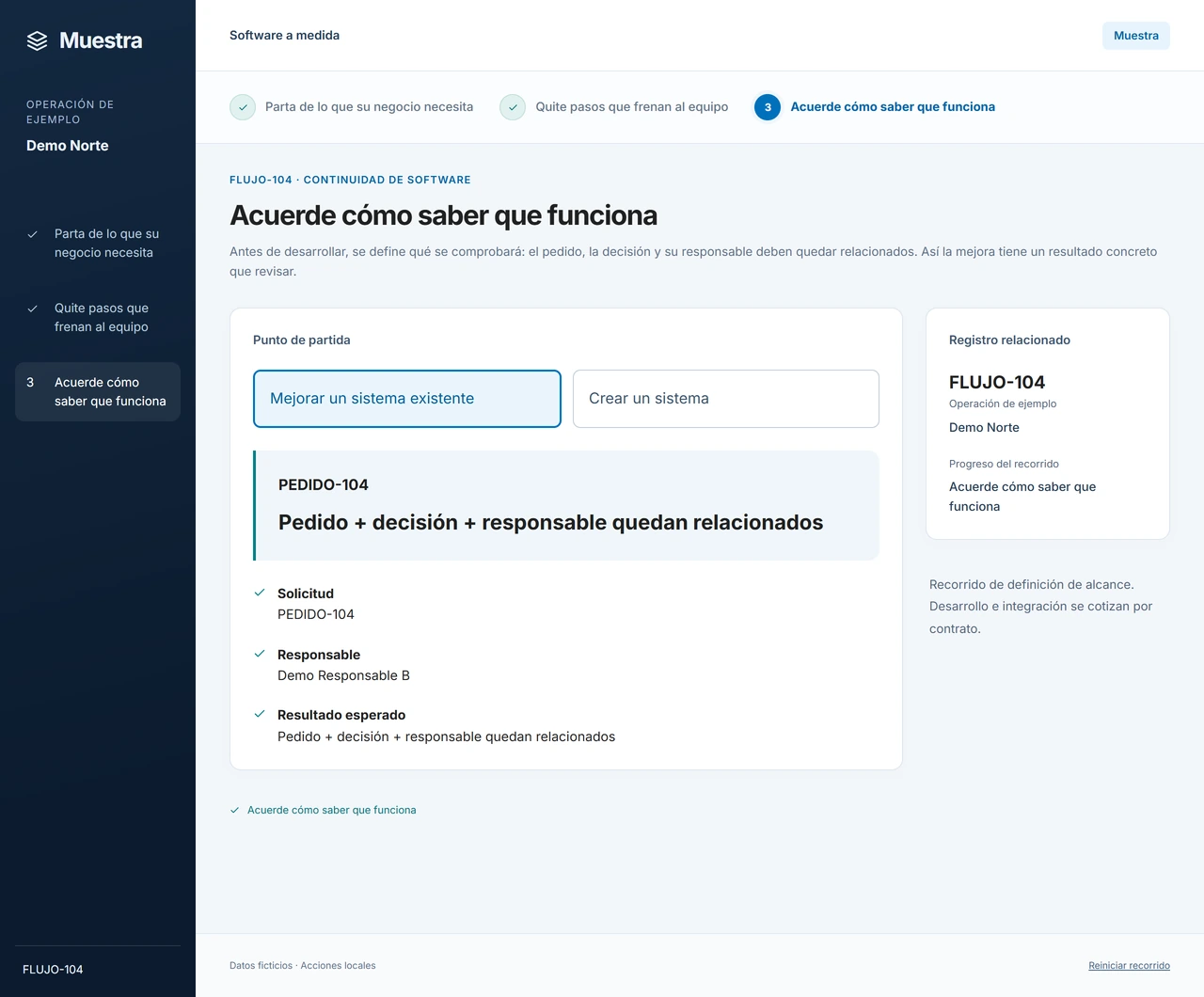 Muestra: Acuerde cómo comprobar la mejora. La lista de aceptación indica qué deberá poder hacer el equipo al recibir el trabajo, antes de darlo por terminado.
