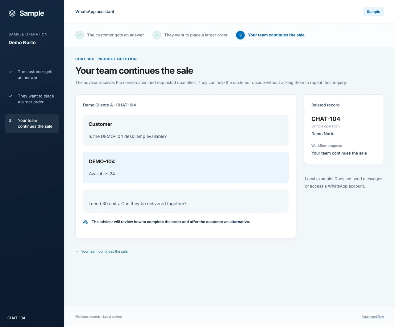 Sample: Your team continues the sale. The advisor receives what the customer has already requested and can discuss the options. The customer does not have to explain their needs again.
